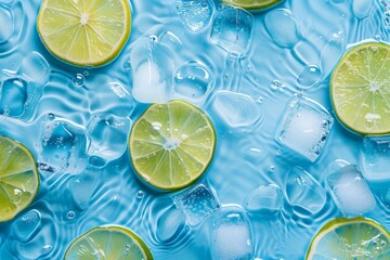 Fresh limes and ice cubes arranged on a vibrant blue surface