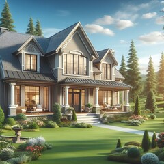 Beautiful white lightening house exterior with stairs,road,decorated flowers and grass. 3D Render of Charming Farmhouse in Idyllic Countryside with Lush Fields colorful background