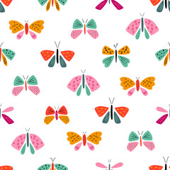 Summer butterfly pattern. Cute childish flying insect repeat background, colorful textile design. Simple hand drawn cartoon butterflies for kids, fabric, textile, card, wrapping Vector illustration