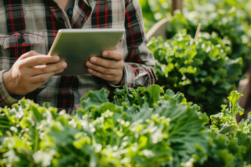 A person in a plaid shirt uses a tablet amidst a lush field of green lettuce crops under sunlight.