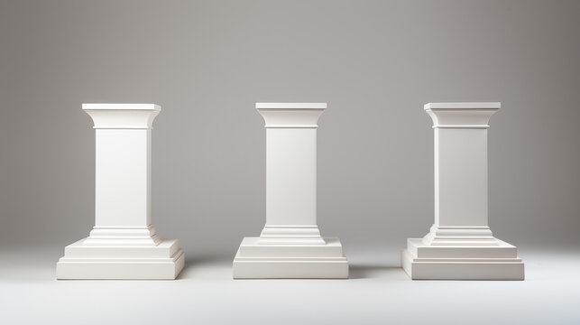 Petits podiums blancs et arrondis sur fond blanc. Pi&eacute;destal, podium, mise en avant. Mock up, composition. Fond pour conception et cr&eacute;ation graphique.