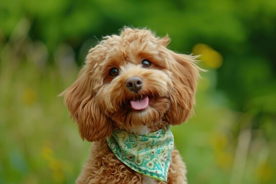 A Cockapoo posing for the camera with a fetching bandana around its neck, its charming smile melting hearts wherever it goes,