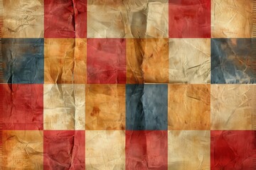 A textured checkerboard pattern with vintage paper squares in a warm and earthy color palette.