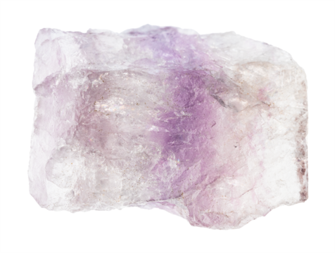 close up of sample of natural stone from geological collection - unpolished purple striped fluorite rock isolated on white background