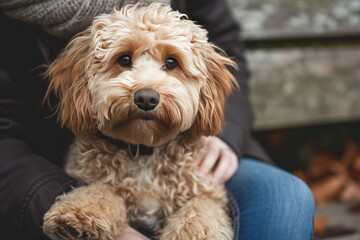 A Cockapoo sitting obediently beside its owner, its expressive eyes brimming with intelligence and loyalty,