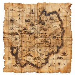 Old paper map on a white background with a pattern of mountains and trees
