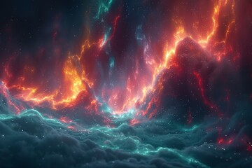 A cosmic dance of fiery red and cool teal nebulae, swirling in the vastness of the starlit universe.