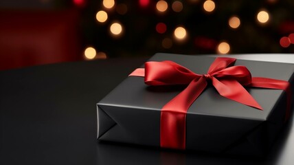 Beautifully wrapped gift box with red ribbon on a decorated table
