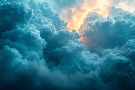 Majestic cumulus clouds, illuminated by a golden sun, towering in a dramatic and awe-inspiring sky.