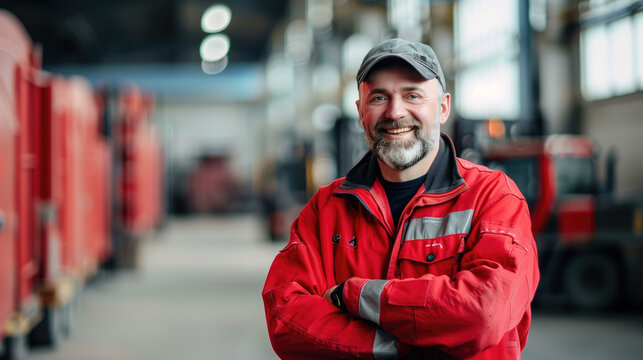 A middle-aged man in a red uniform and cap stands with his arms crossed in an industrial warehouse. - Powered by Adobe