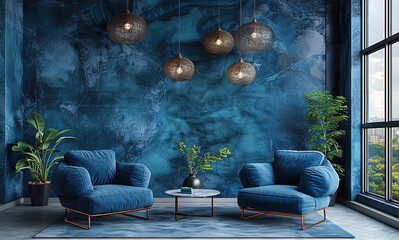 Modern interior design with blue velvet wallpaper, two armchairs and coffee table on the floor, hanging pendant lights. Created with Ai