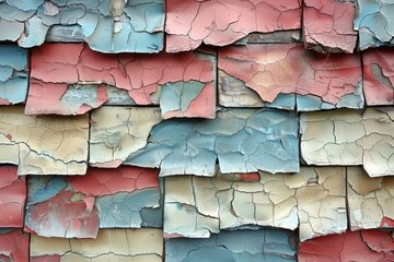 Cracked and peeling layers of pink and blue paint on a brick wall, creating an abstract texture.
