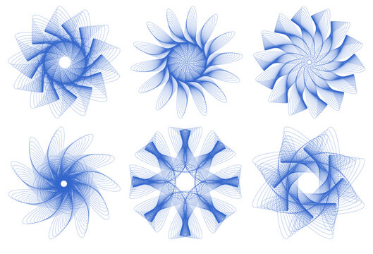 Abstract elements collection spirograph pattern, watermark, guilloche curves, intricacy line. Vector design element set for cheque, voucher, certificate, diploma, gift certificate,