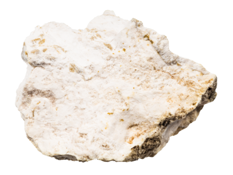 close up of sample of natural stone from geological collection - unpolished albite rock isolated on white background from Kola Peninsula
