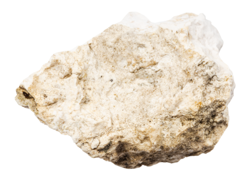 close up of sample of natural stone from geological collection - raw albite rock isolated on white background from Kola Peninsula