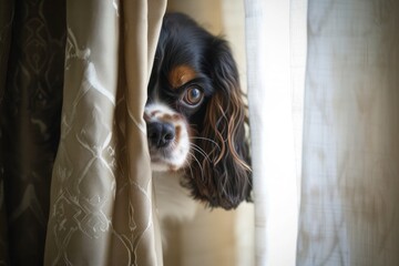 A Cavalier King Charles Spaniel peeking out from behind a curtain, its curiosity piqued by the world outside,