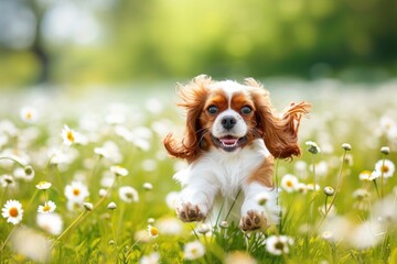 A charming Cavalier King Charles Spaniel puppy frolicking in a field of daisies, its floppy ears bouncing with each playful leap,