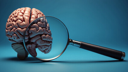 A brain on a blue background with a magnifying glass over part of it - obrazy, fototapety, plakaty