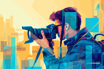Photographer capturing images for online gallery, digital photography and creative concept, vector illustration.