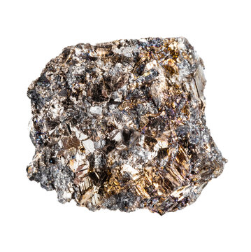 close up of sample of natural stone from geological collection - unpolished native bismuth mineral isolated on white background from Hartenstein, Germany