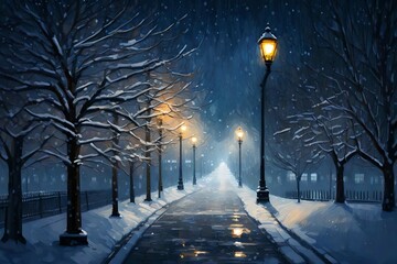 snowy street at night