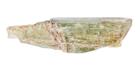 close up of sample of natural stone from geological collection - unpolished epidote crystal isolated on white background from India