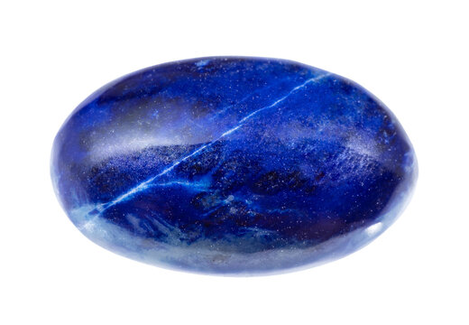 close up of sample of natural stone from geological collection - polished dark blue lapis lazuli mineral isolated on white background from Afghanistan