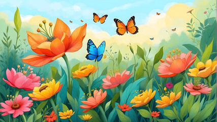 Fototapeta na wymiar Wallpaper, nature paintings, colorful flowers, butterflies and sky.