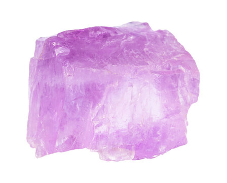 close up of sample of natural stone from geological collection - rough kunzite crystal isolated on white background from Afghanistan