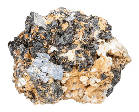 close up of sample of natural stone from geological collection - sphalerite with galena minerals in rough baryte rock isolated on white background from Dalnegorsk, Primorsky Krai