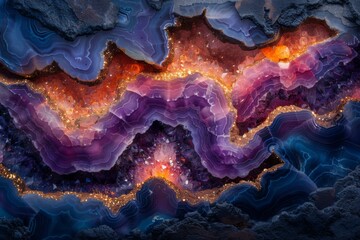 Spectacular agate stone slices displaying a tapestry of purple and blue bands with glittering golden accents, exuding natural majesty. - obrazy, fototapety, plakaty