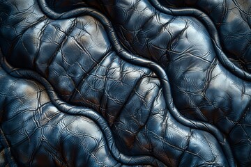 A macro shot of embossed blue leather with a distinctive pattern resembling interconnected...