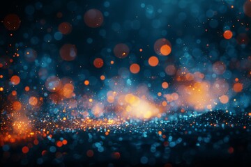 Bokeh effect of sparkling golden lights against a deep, dark blue backdrop, creating a festive atmosphere.