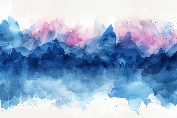 Delicate watercolor wash depicting a gentle sunrise over mountain peaks with splashes of blue.