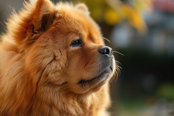 A close-up of a regal Chow Chow with a lush coat, its expression reflecting its dignified demeanor, against a serene backdrop,