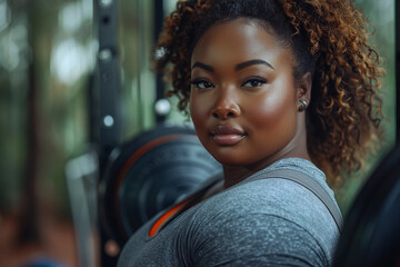 plus size overweight black woman in sportwear doing sport exercises at gym fitness twith sweaty...