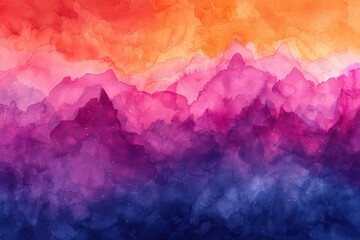 Gradient watercolor wash resembling mountain ranges with a blend of reds, pinks, and purples. - obrazy, fototapety, plakaty