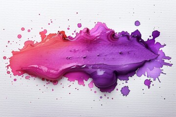 Dynamic pink and purple paint splashes with droplets on a white paper.