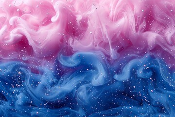 Swirling textures of pink and blue with sparkling particles throughout.