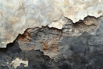 Weathered wall with layers of peeling paint in shades of gray and black.