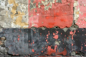 Multilayered peeling paint on a concrete wall with red and black over tan.