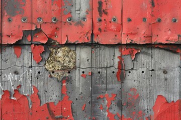 Weathered red and grey wooden surface with flaking paint, striking texture contrast.