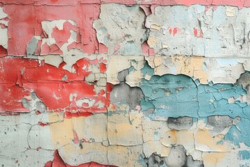 Weathered red and blue painted wall peeling in layers, texture background.