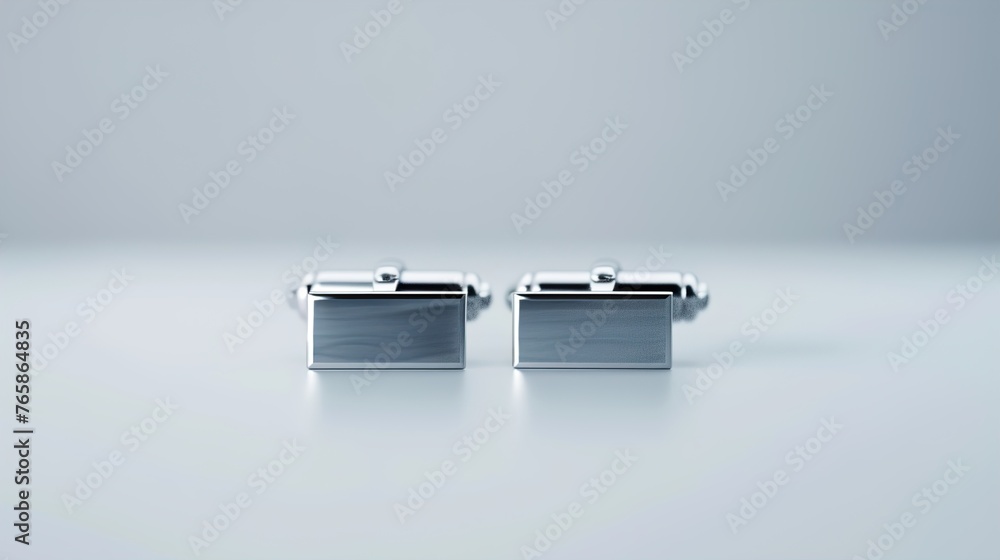 Poster a uhd close-up of a pair of elegant cufflinks positioned against a plain white background, with empt