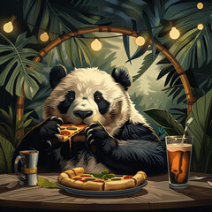 Panda in a bamboo forest eating pizza at the restaurant. Funny  illustration animal.