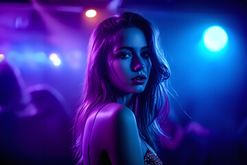 Disco event, DJ dancer woman in neon lights. Sexy girl at the night club party. generative ai