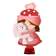 Vector of a beautiful girl crying, carrying a stuffed bunny in her arms