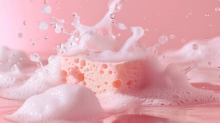 An imaginative and humorous idea featuring a dishwashing sponge against a pastel pink backdrop. - obrazy, fototapety, plakaty