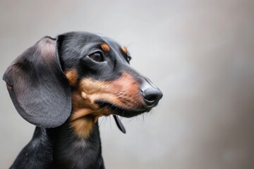 A close-up portrait of a majestic Dachshund against a neutral background, with space for text on the right side.