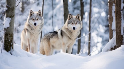 Obraz premium A pair of wolves in a snow covered forest a wild and majestic scene